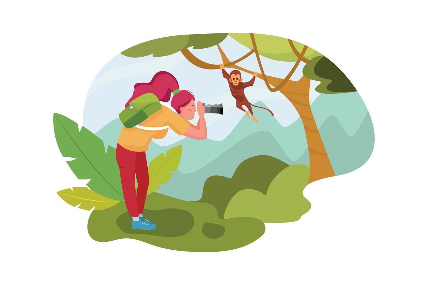 Traveler woman with backpack walk alone on path tree tunnel in the tropical forest vector