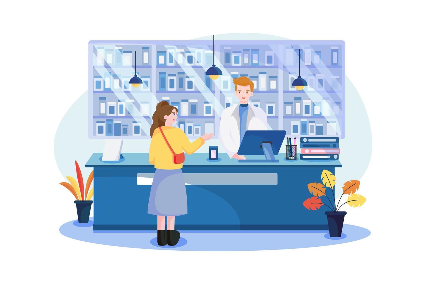 Pharmacist doctor and patient in the drugstore. a client woman buys drugs at a pharmacy vector