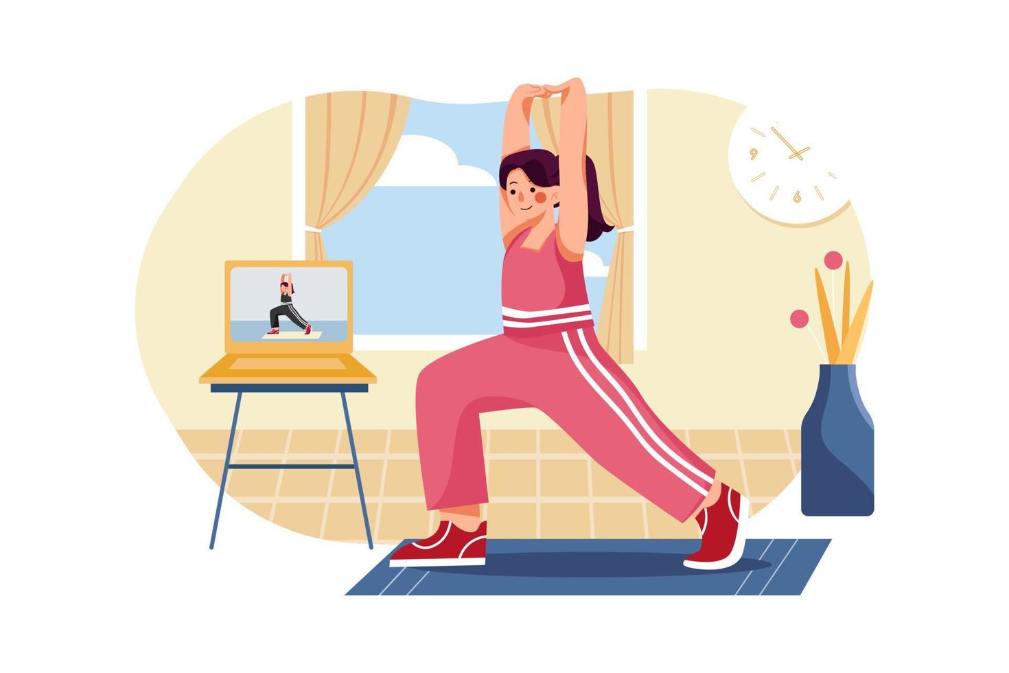 Girl doing exercises under the guidance of online teachers. vector