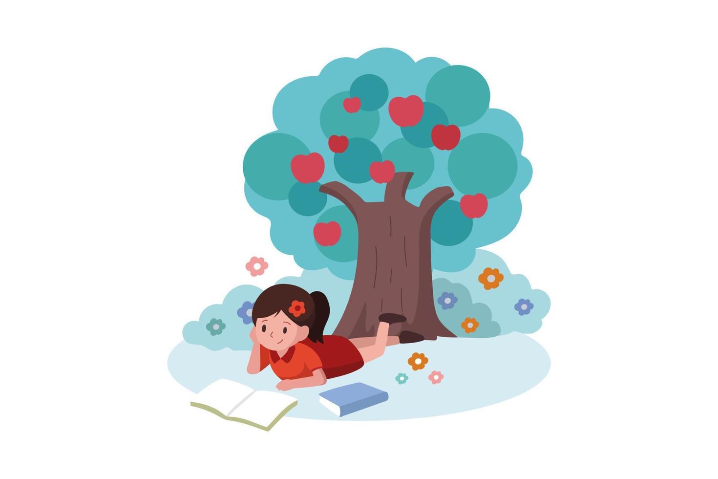 una niña leyendo debajo de un árbol vector