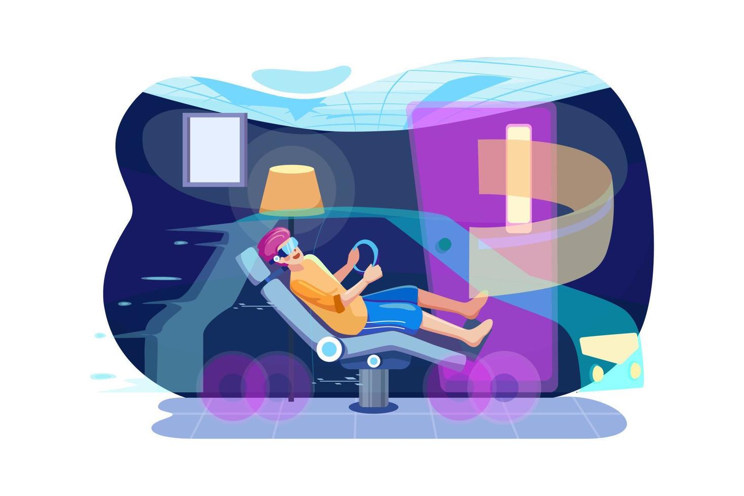 Boy playing the racing game using VR vector