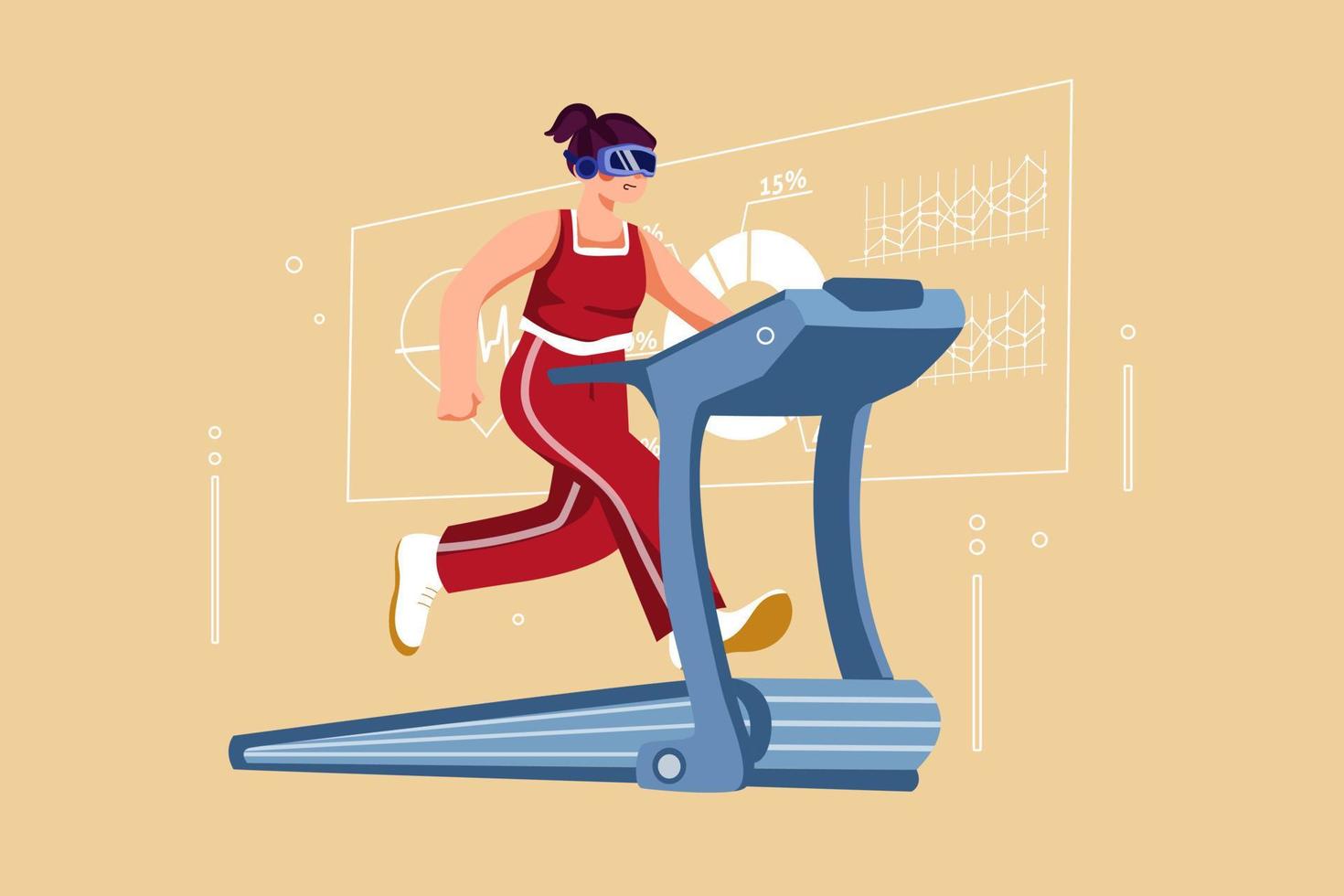Woman in augmented reality glasses on running machine vector