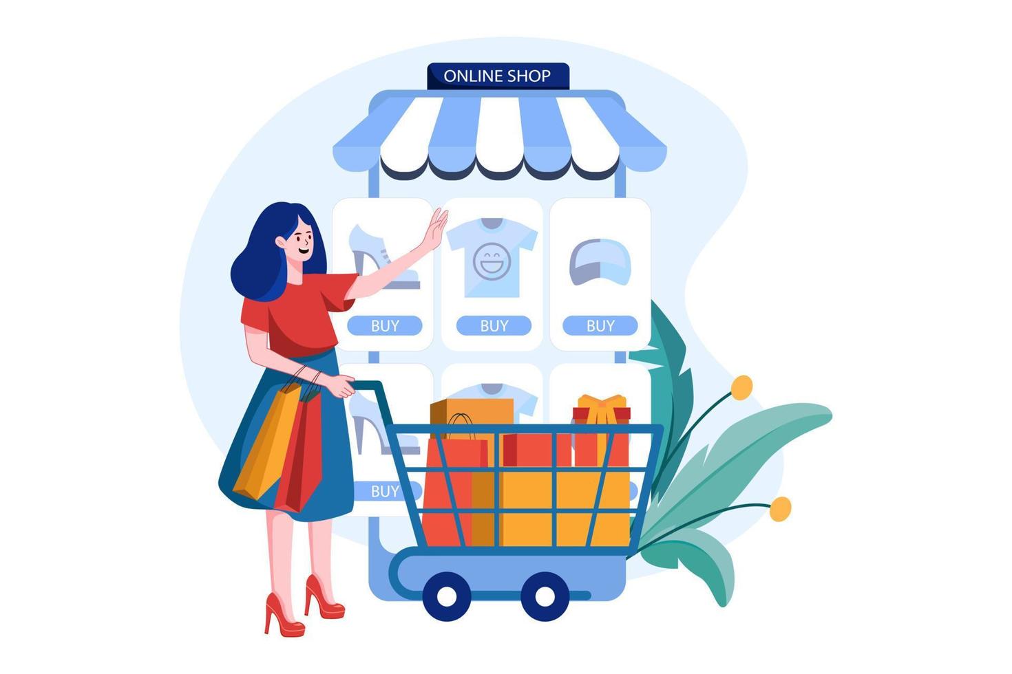 Girl Choosing Cloth in The Online Shop. vector