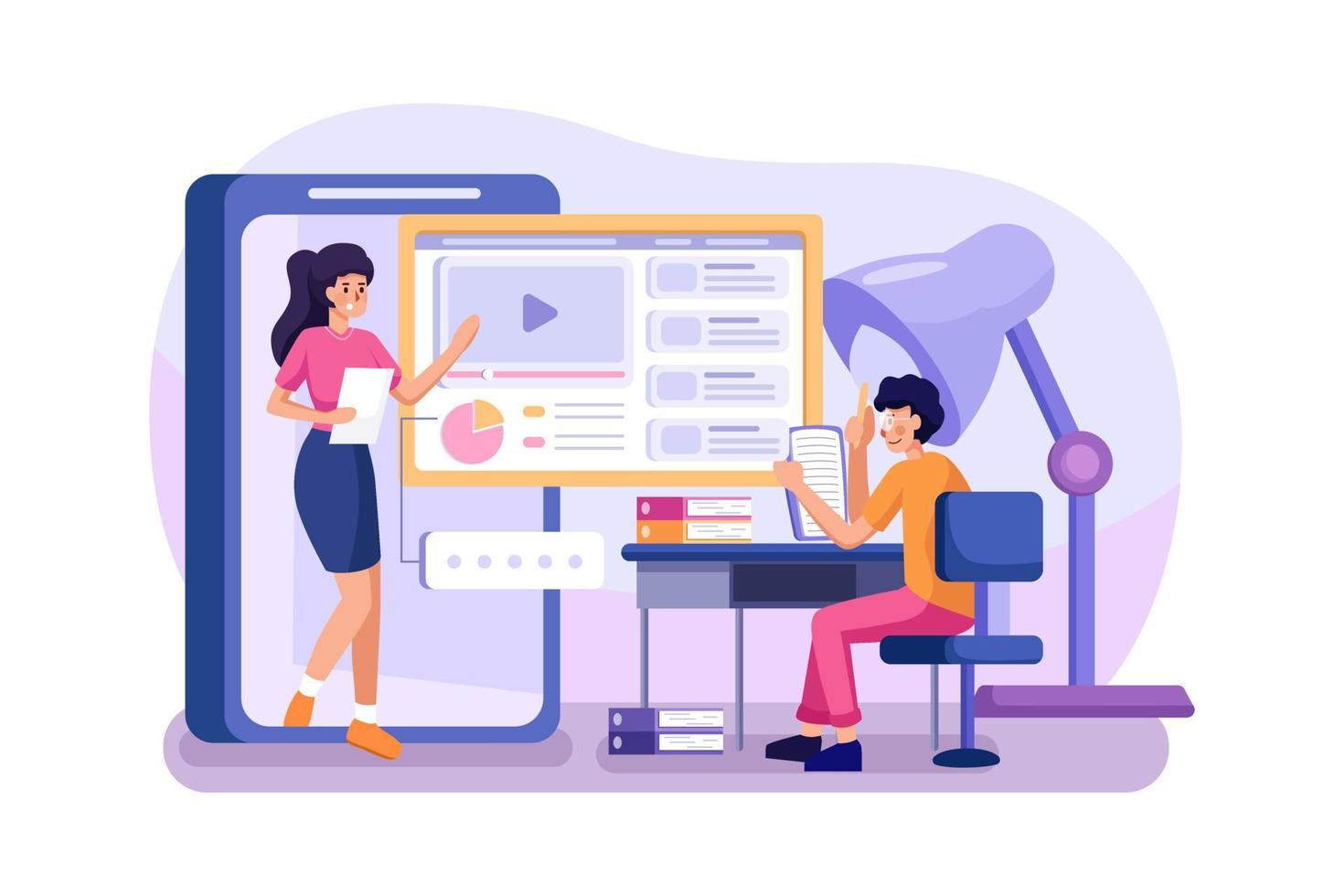 Students learn and discuss with an online teacher. vector