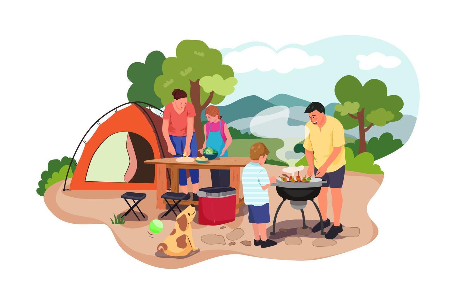 Happy family at a picnic is preparing a barbecue grill outdoors vector