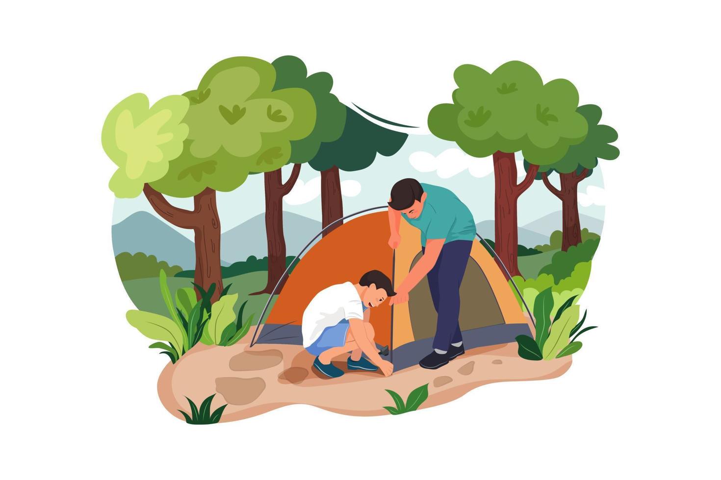 Father and Son putting up a tent vector