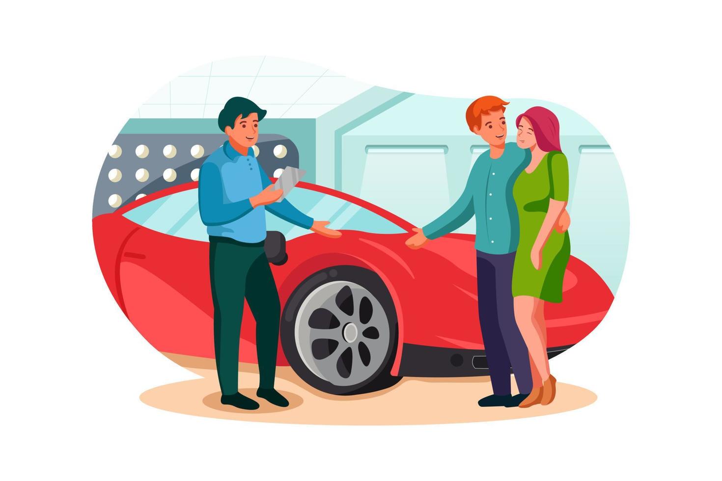 Happy family buying new car. Salesman showing them luxury auto in car dealership store vector