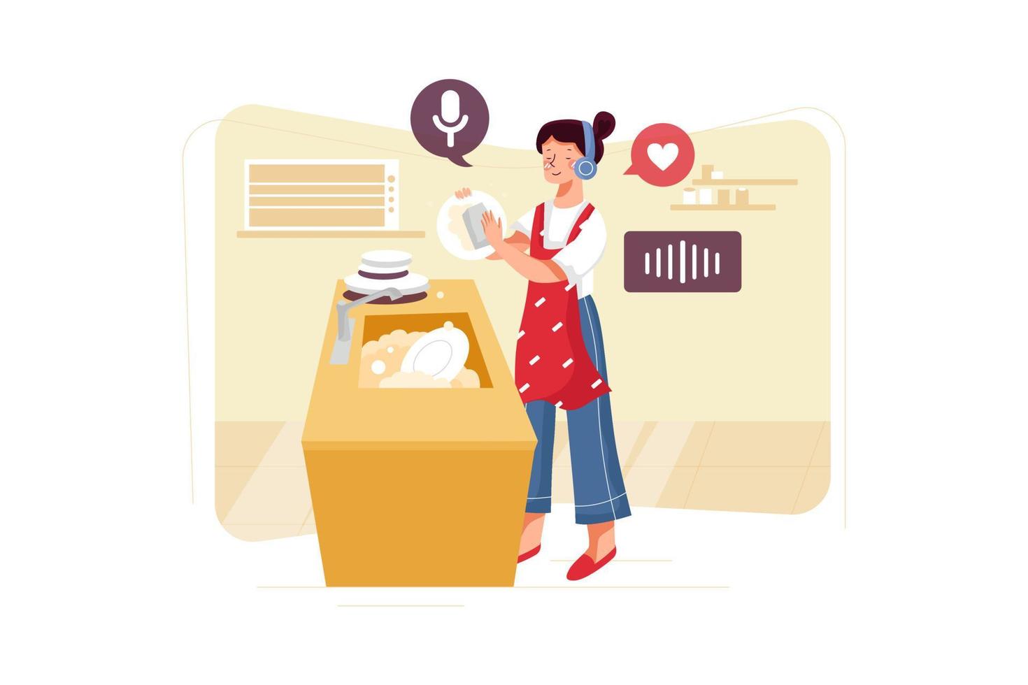 Woman listening to the podcast while washing dishes. vector