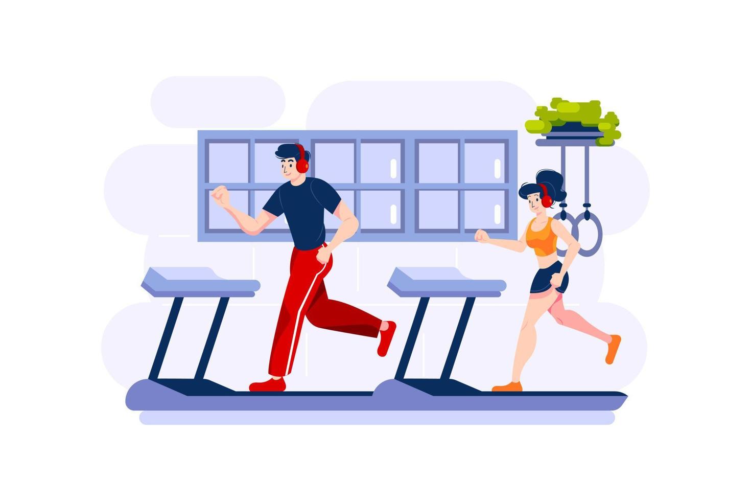 Man and woman run on treadmill. vector