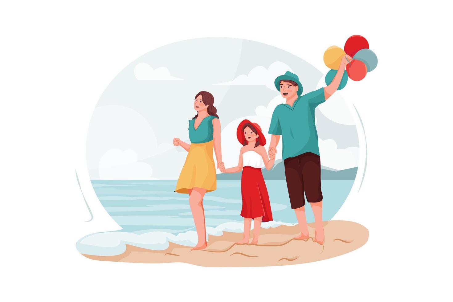 Parents and daughter walking around the beach vector