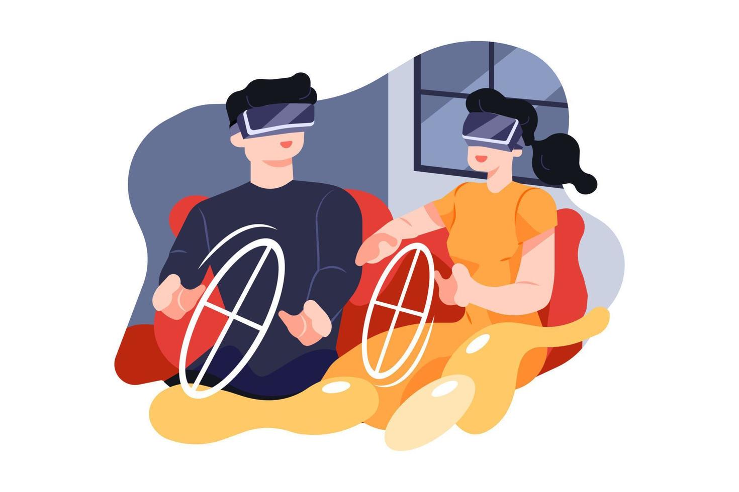 A young man and woman in casual clothes playing racing game using virtual reality headset vector