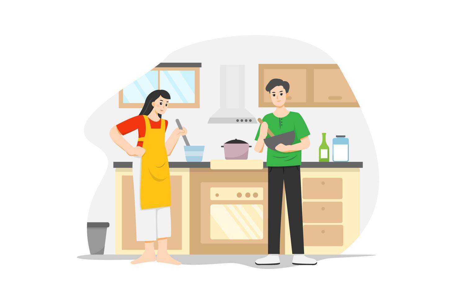 una mujer en el delantal y un hombre cocinando juntos durante el tiempo de cuarentena vector