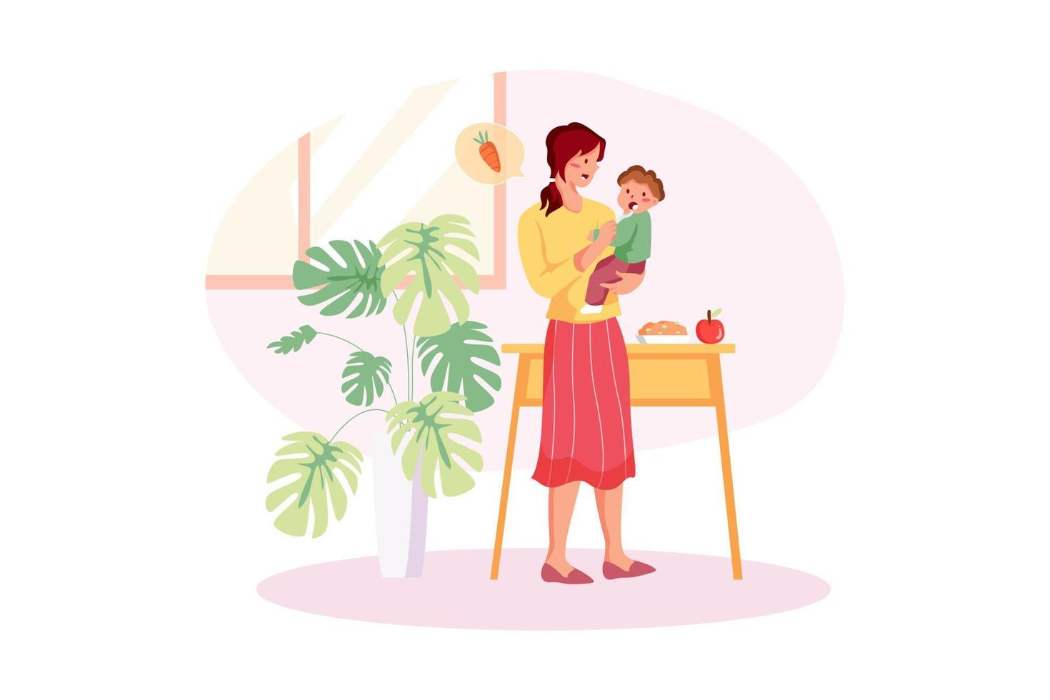 Mom feeding baby boy. Healthy food vector