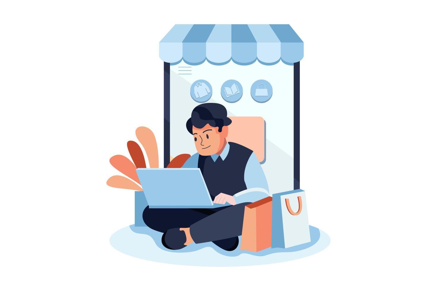 Online Store Need Rating And Review. Man giving rating and review of delivery items while sitting on the desk and working on laptop vector