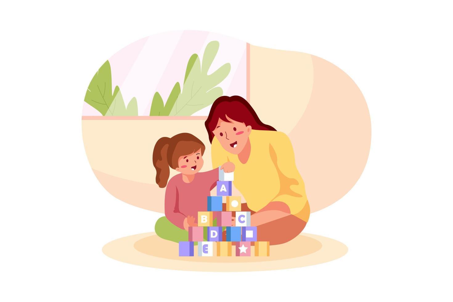 Mother playing with kids at home. Educational toys vector