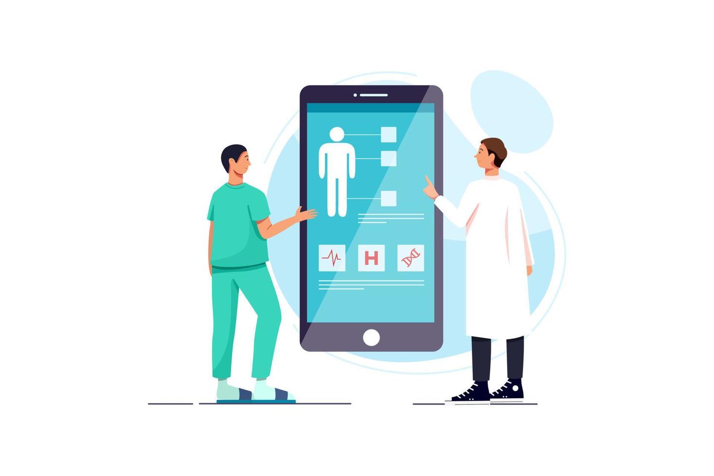 Doctors examining a patient using a medical app on a smartphone, online medical consultation and technology concept vector
