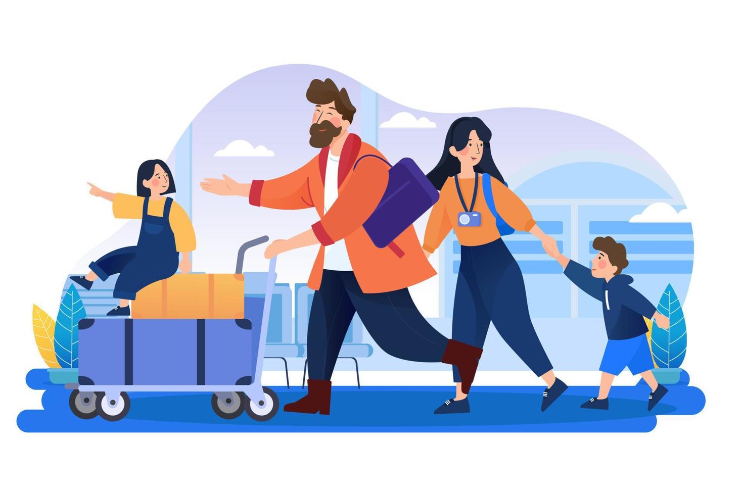 Family travel. Parents and children at the airport fly away for a vacation. vector