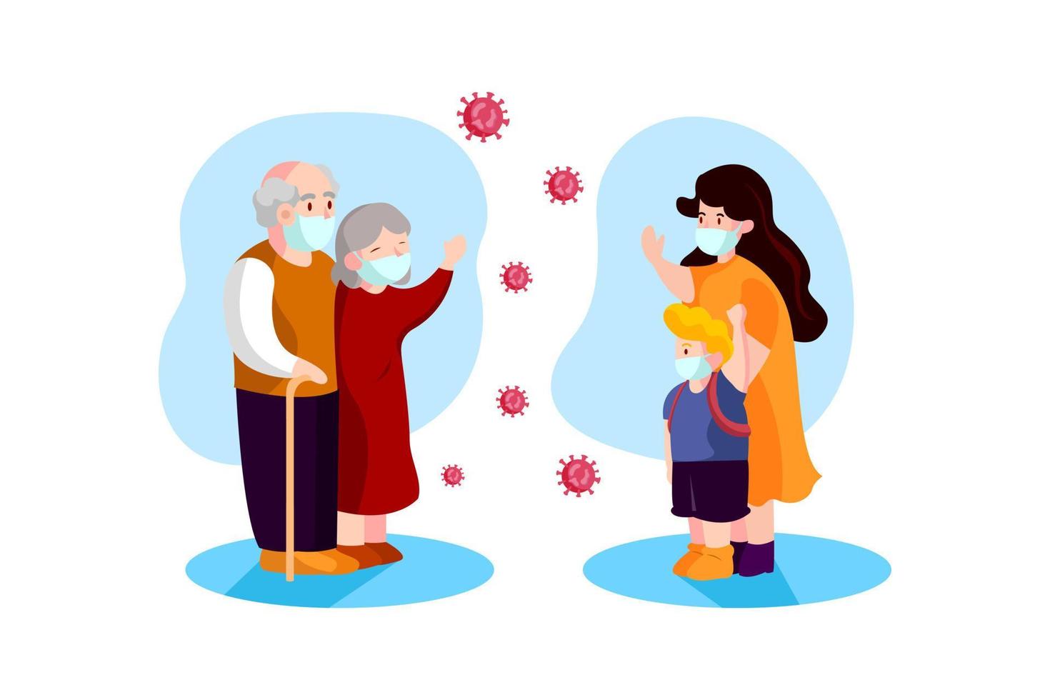 The mother and her son are saying goodbye to their grandparents for social isolation vector