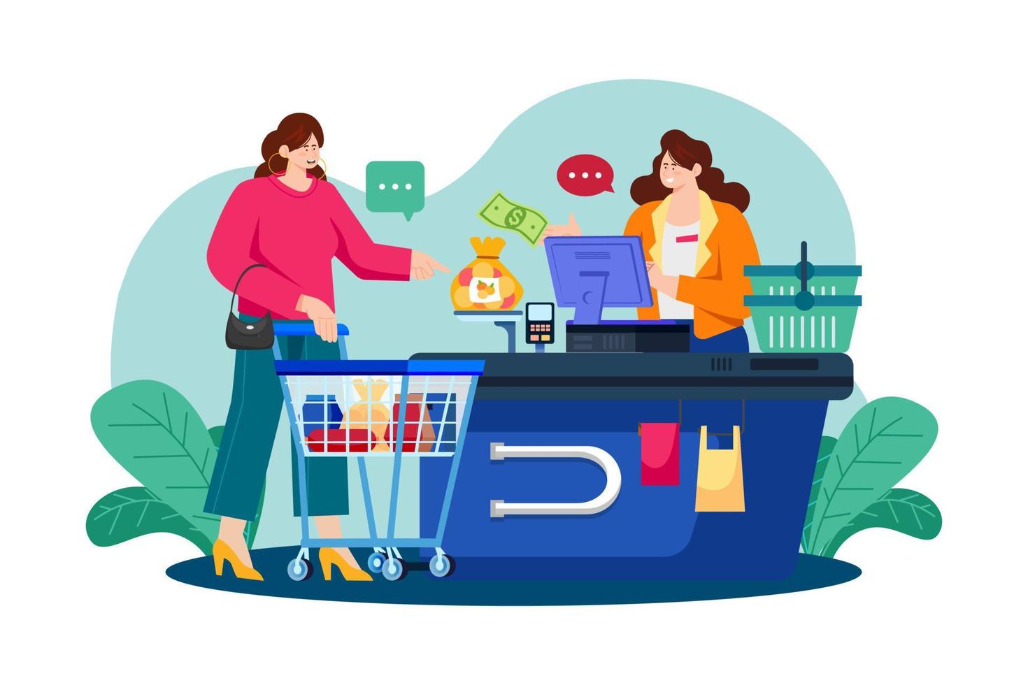 Girl doing payment at the checkout counter vector