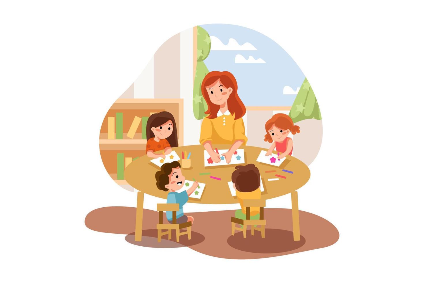 Playschool Teacher Teaching Painting To Kids vector