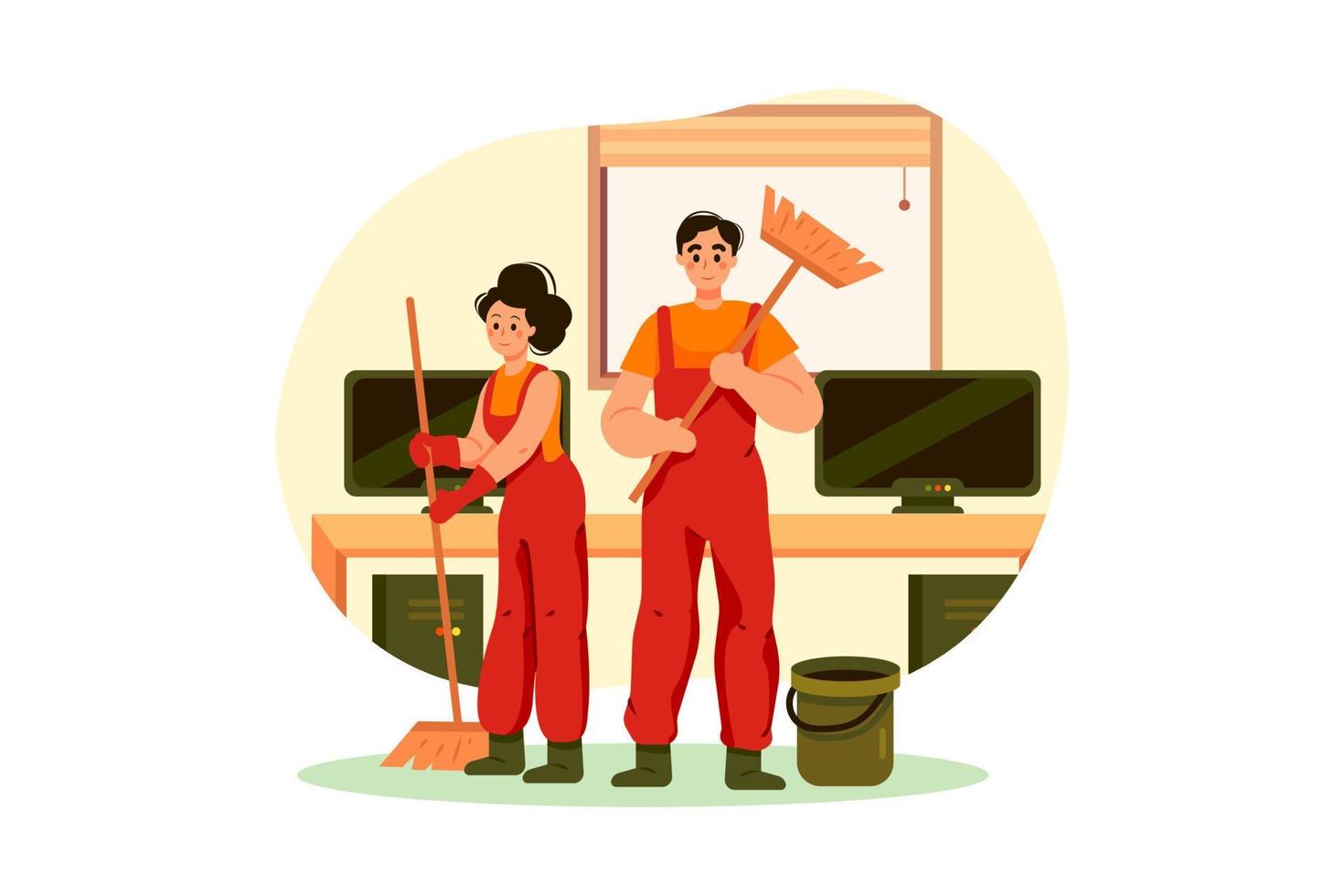 Cleaning team with professional equipment is ready to work vector