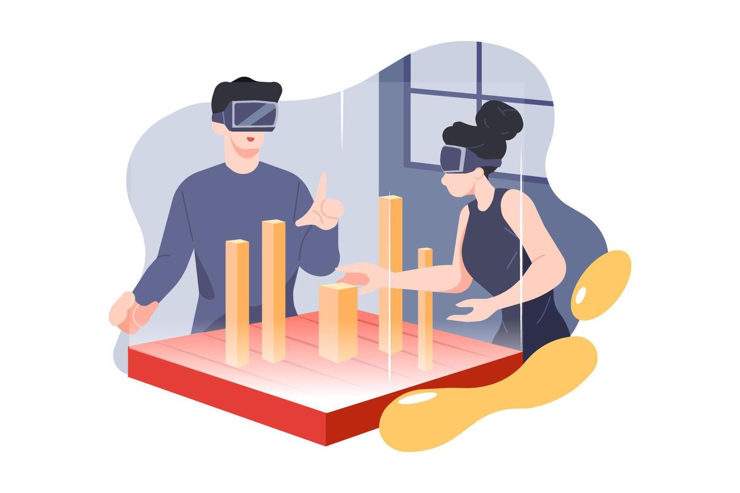 Male and Female architects wearing Augmented Reality headsets work with 3D city model vector