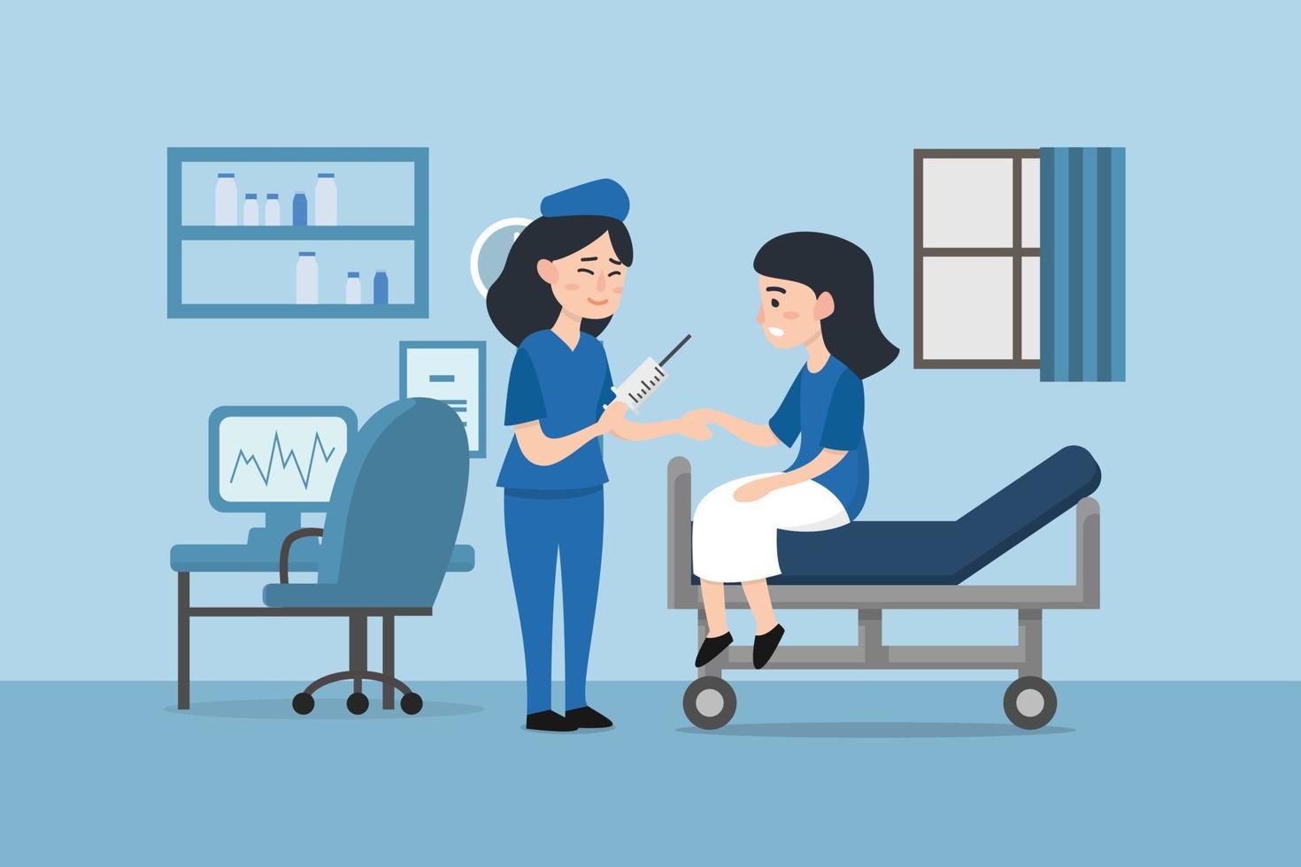 Hospital room or clinic to receive and treat, nurse diagnosing patient, making injection. vector