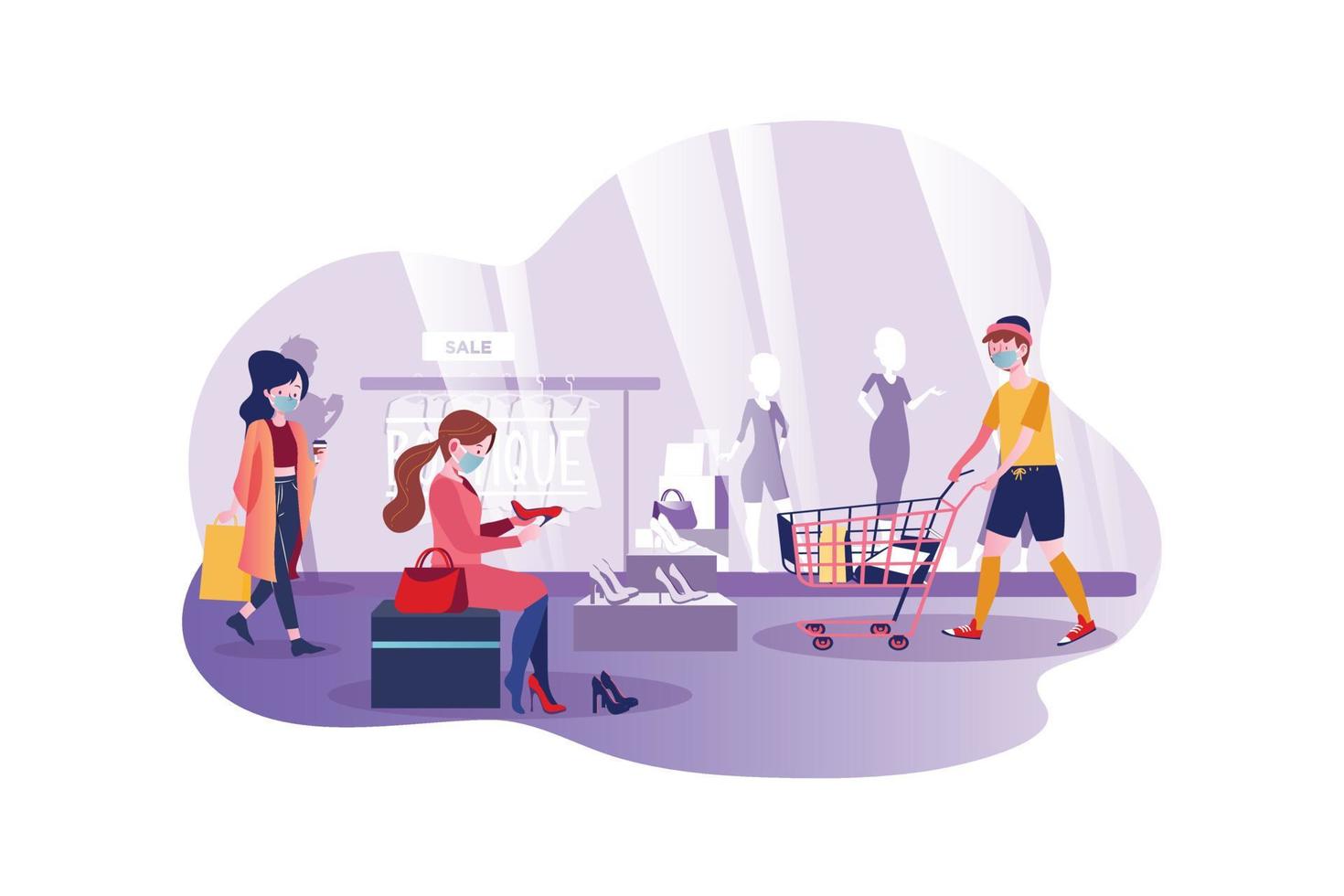 People wearing mask shopping in the mall vector