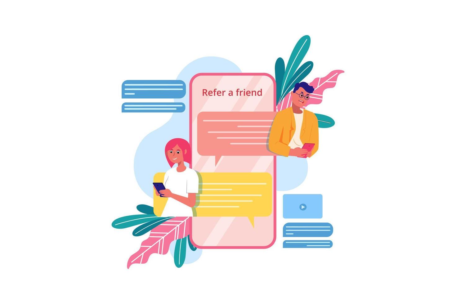 Refer a friend concept with a man holding a phone and chatting with his friends in outline style. Trendy concept of refer a friend and social media promotion for banner, ad, article, web, ui design. vector