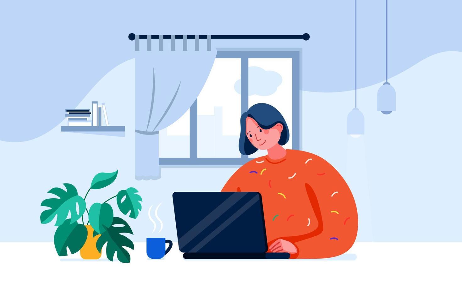 Freelancer young woman sitting in pajamas at her home office with laptop vector