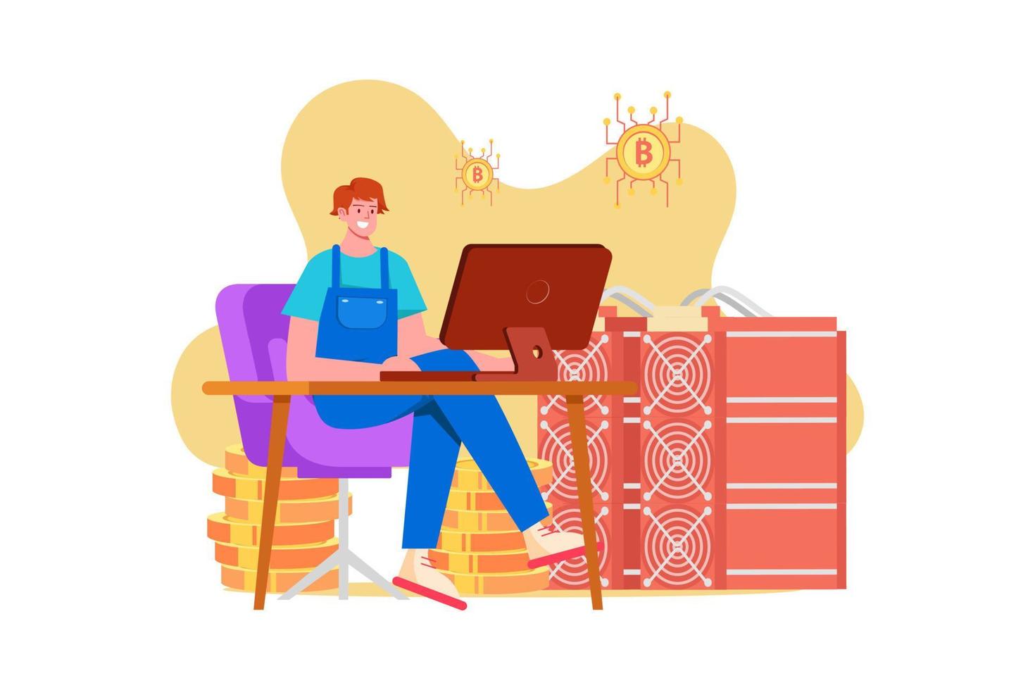 Man setting up a blockchain mining rig vector