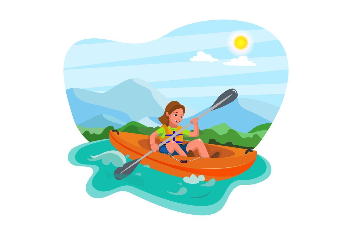 Young lady paddling hard the kayak with lots of splashes vector