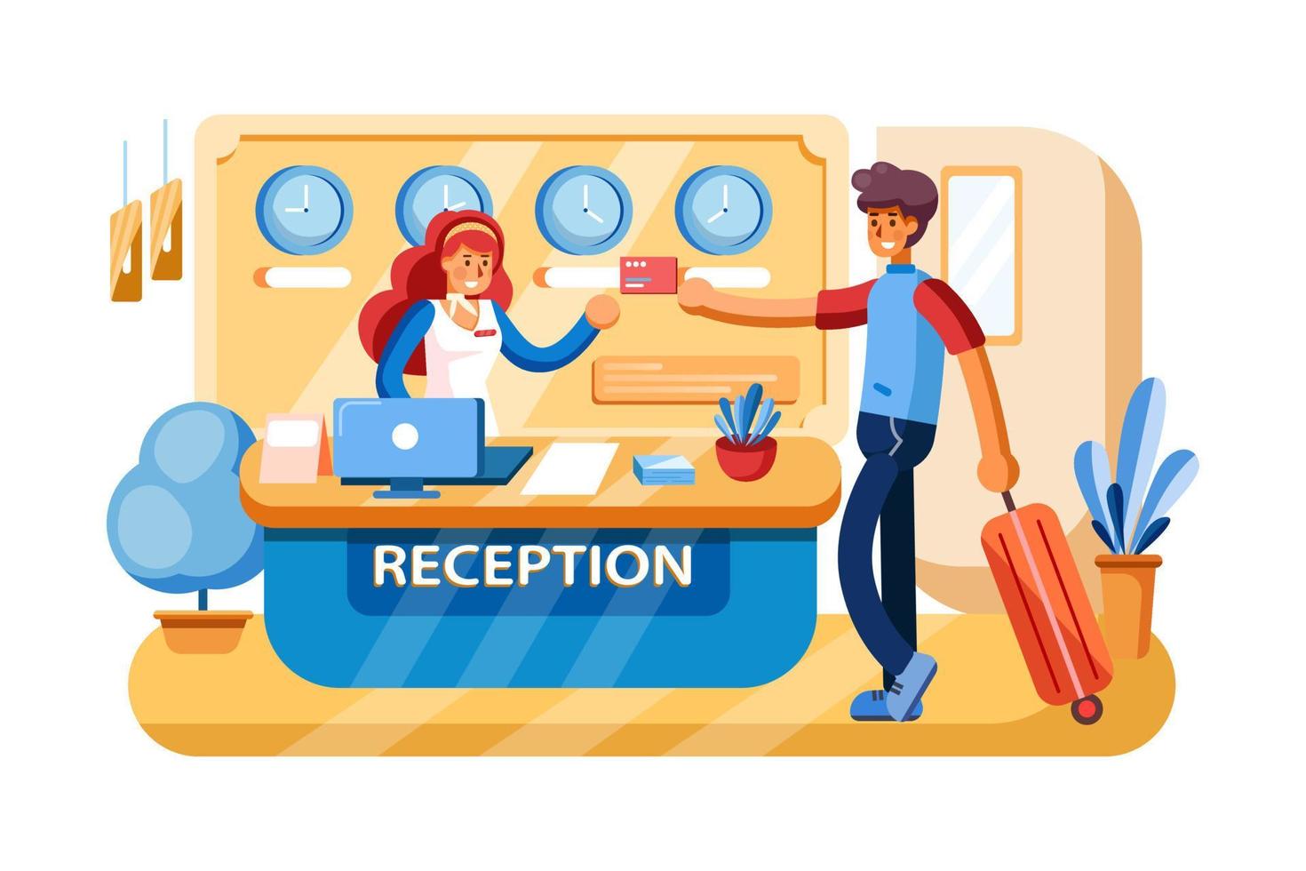 Payment system with Hotel reception on background vector