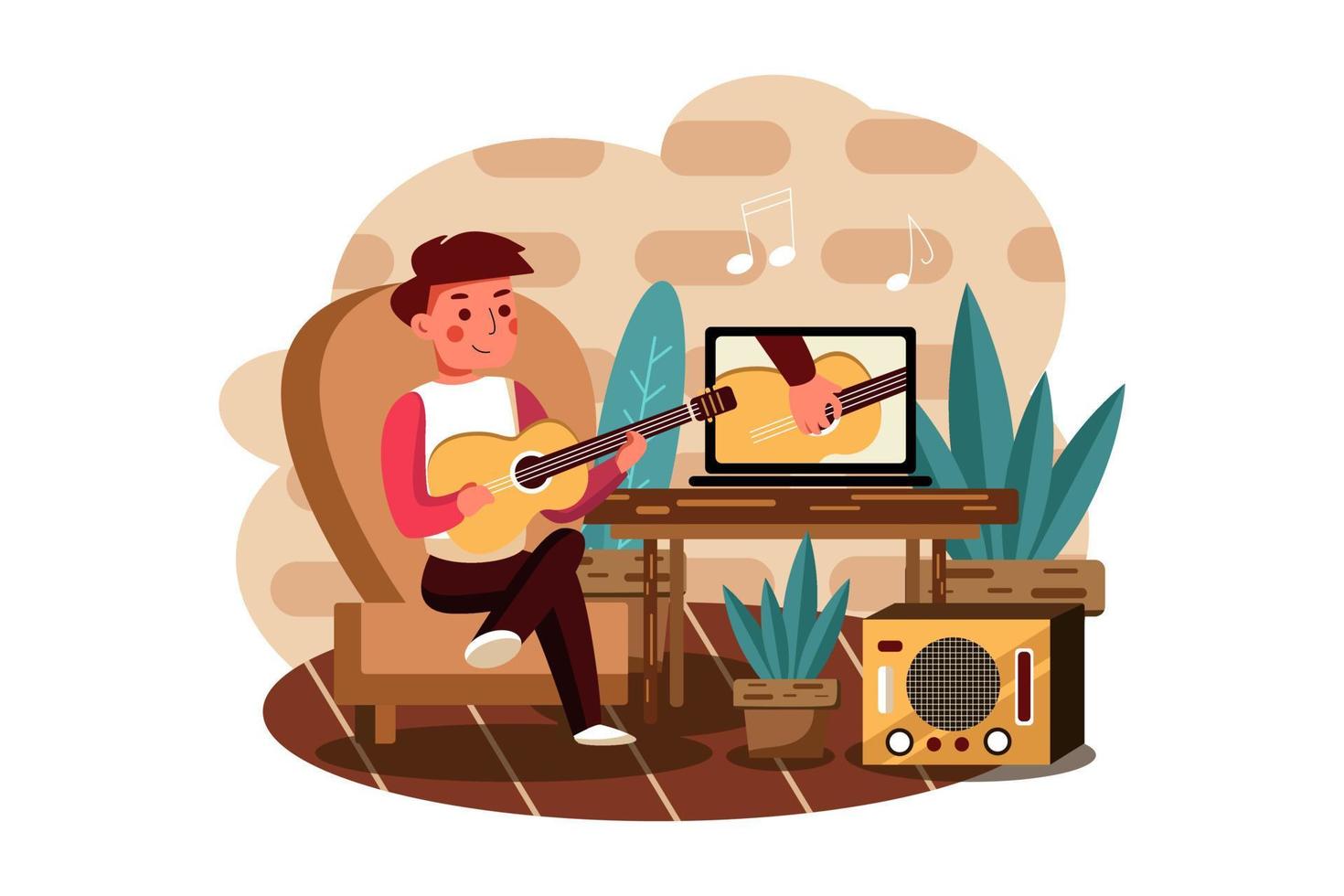The boy learns to play musical instrument according to an online tutorial. vector