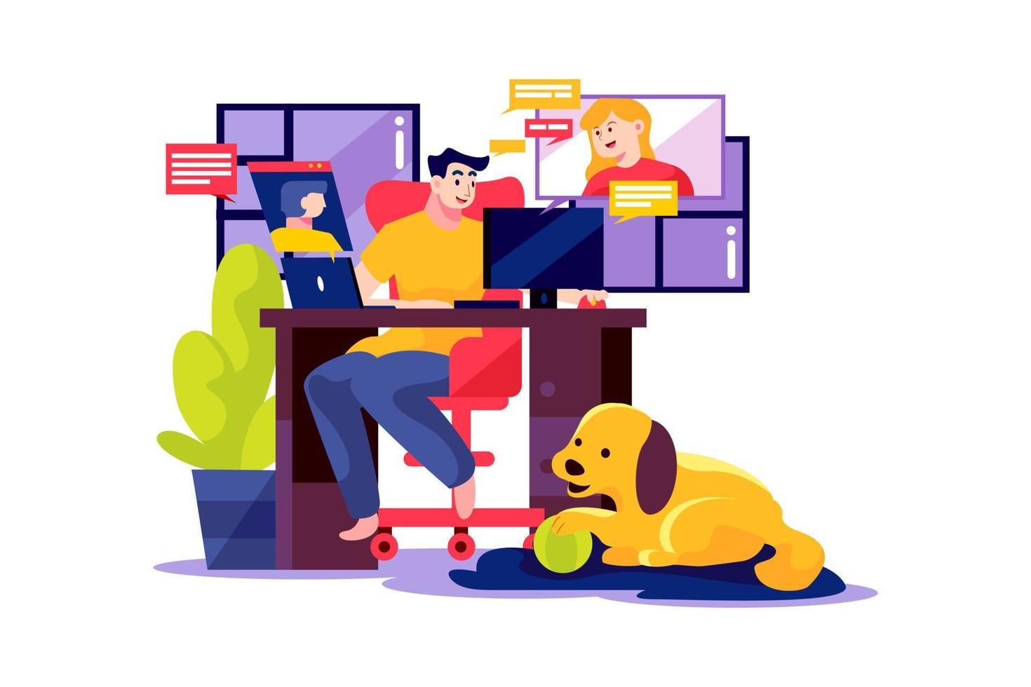 A man opens the online meeting with his team at home vector