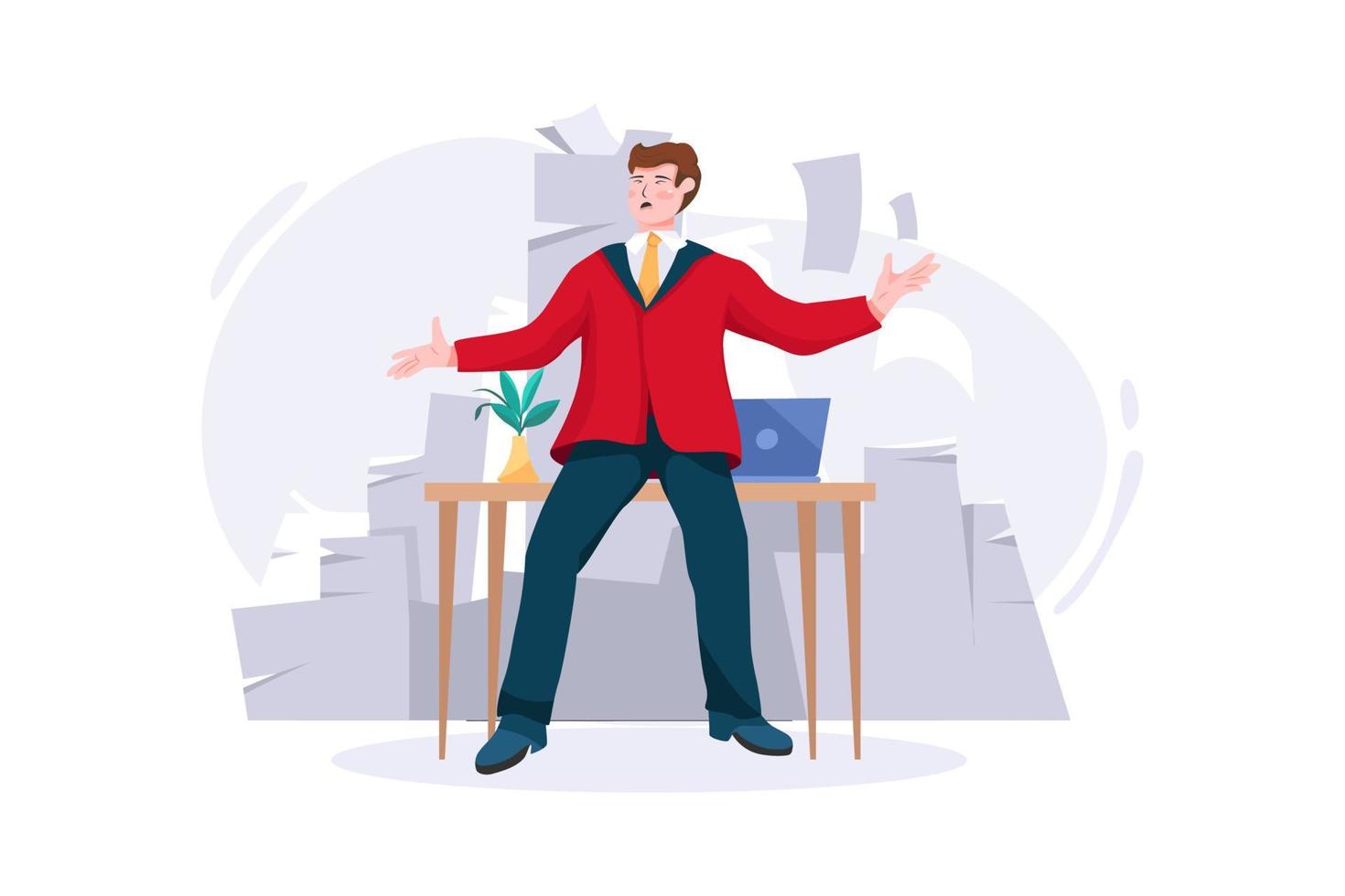 Male office worker overloaded with paperwork from computer vector