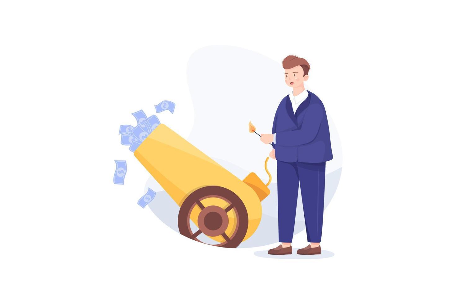 Businessman is setting on fire the cannon to fly money out of it. Vector, illustration vector