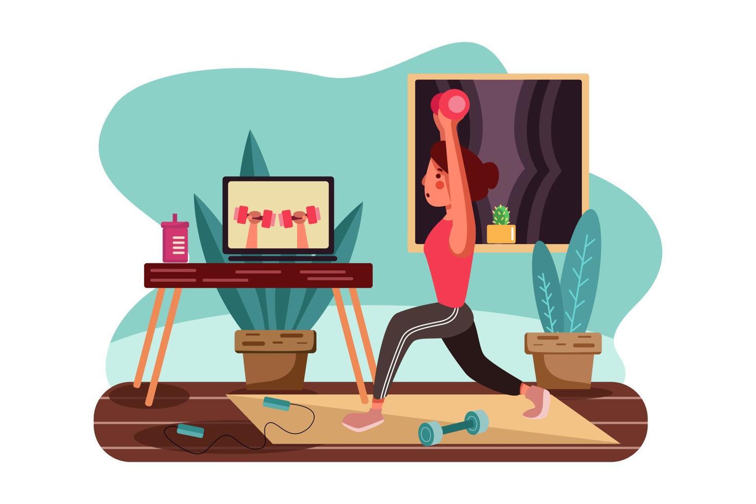 Girl doing exercises under the guidance of online teachers. vector