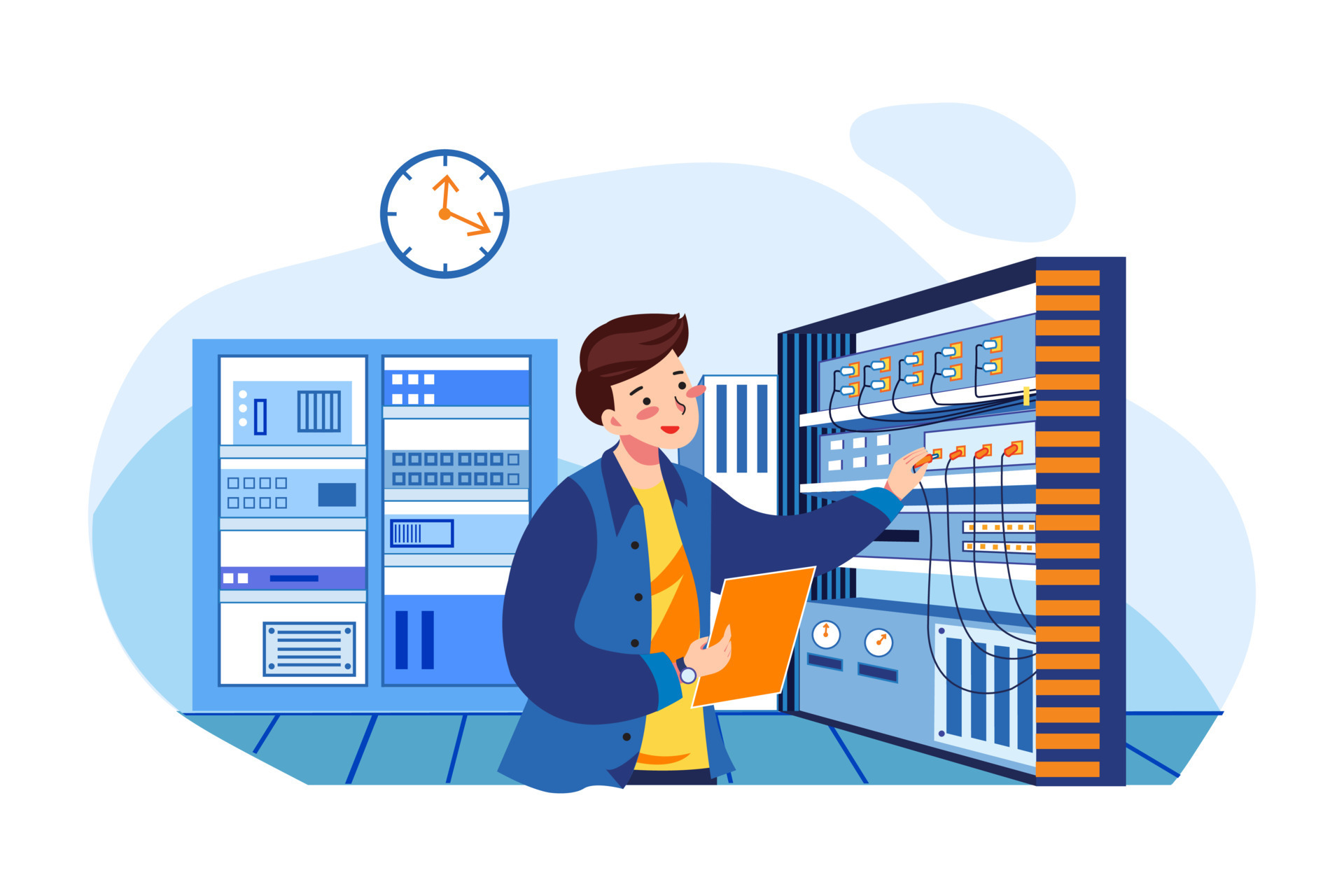 Engineer man verifying the optical fiber 8517786 Vector Art at Vecteezy