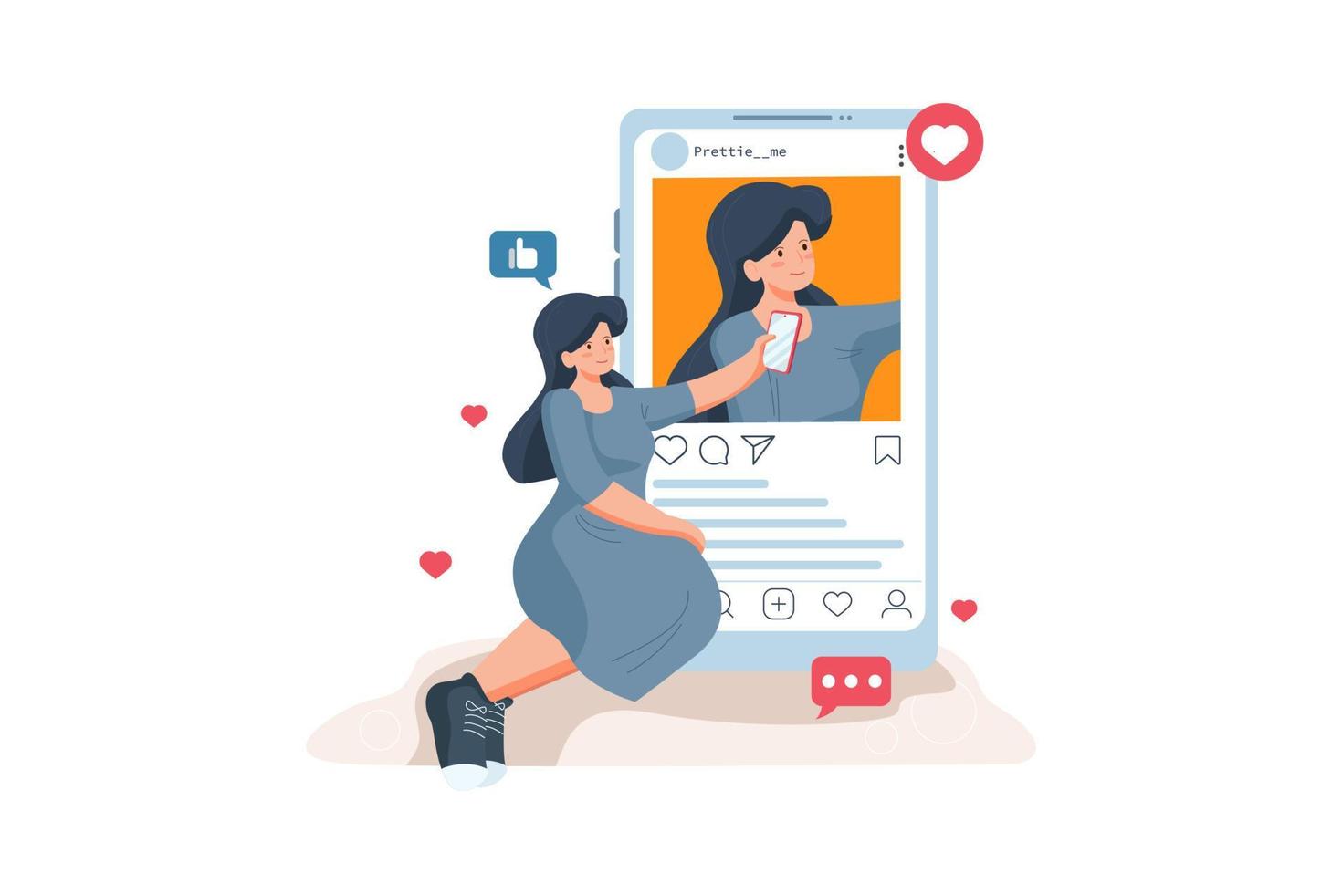 The girl took a picture and posted picture on social networks. vector