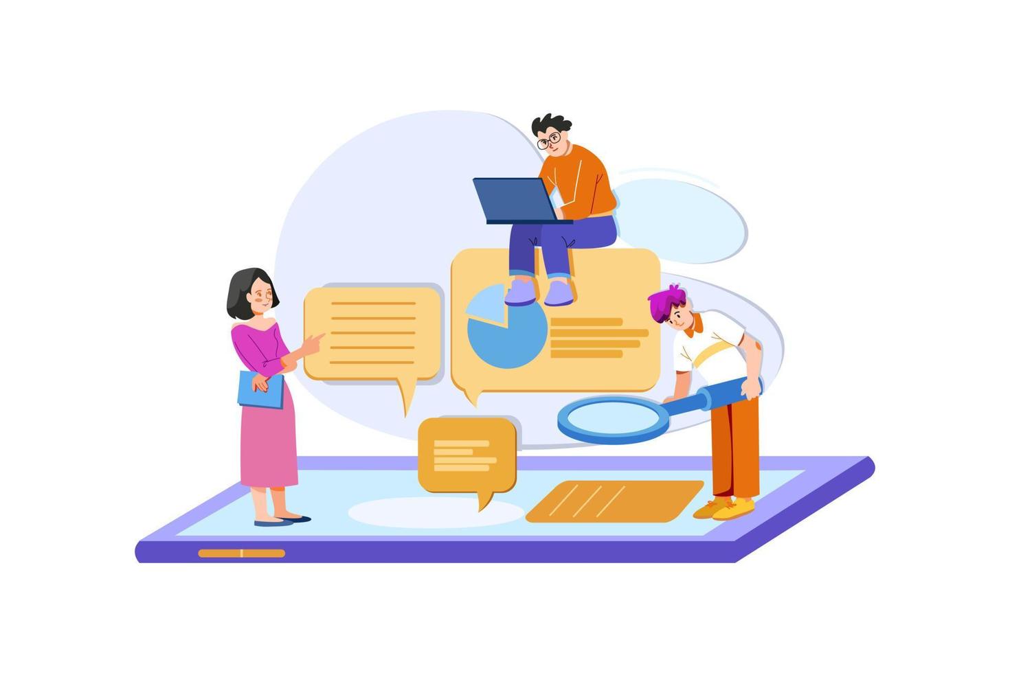Marketing specialists and computer with megaphone and social media icons. vector