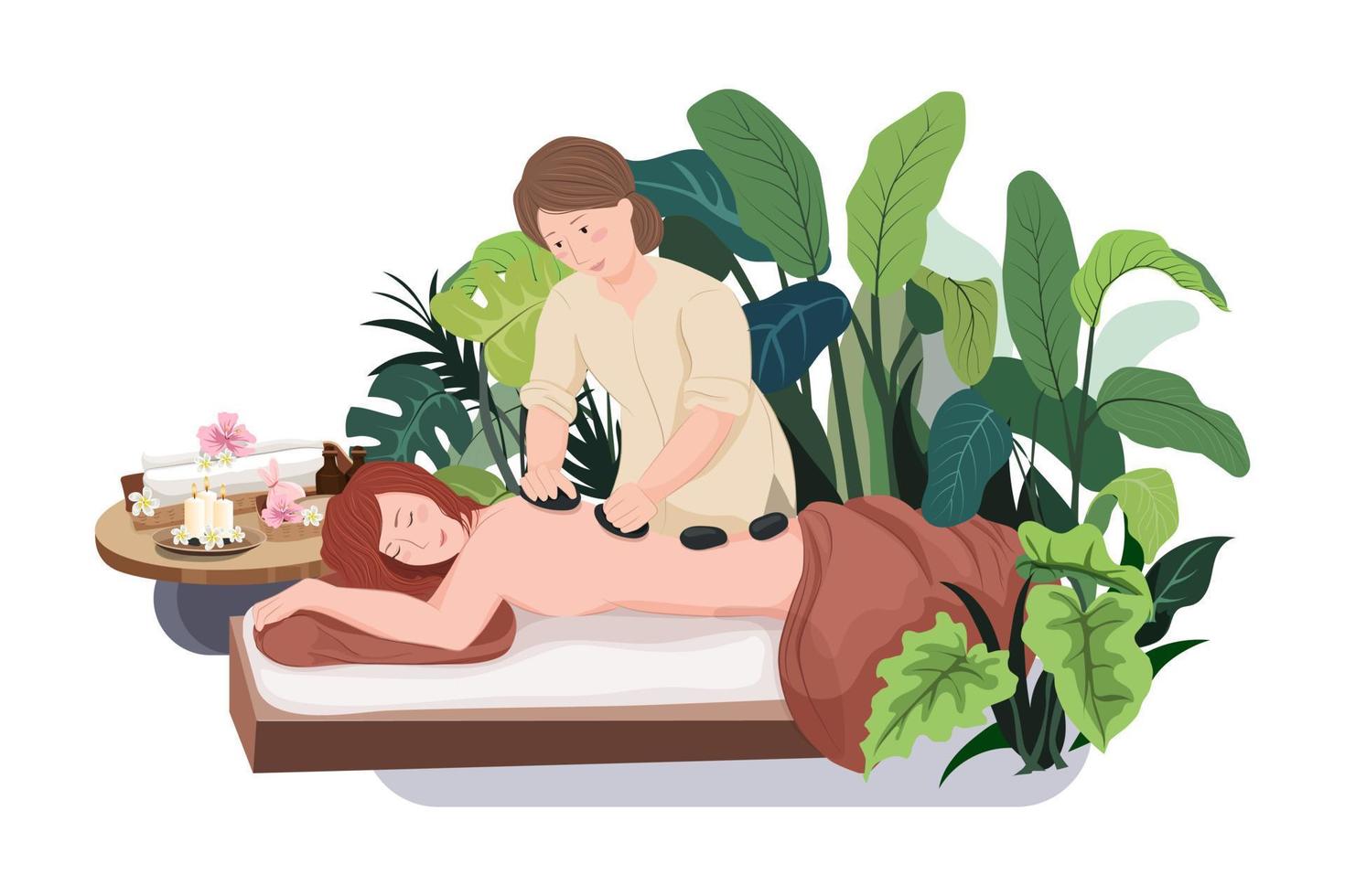 Woman doing massage to a woman with rocks. vector