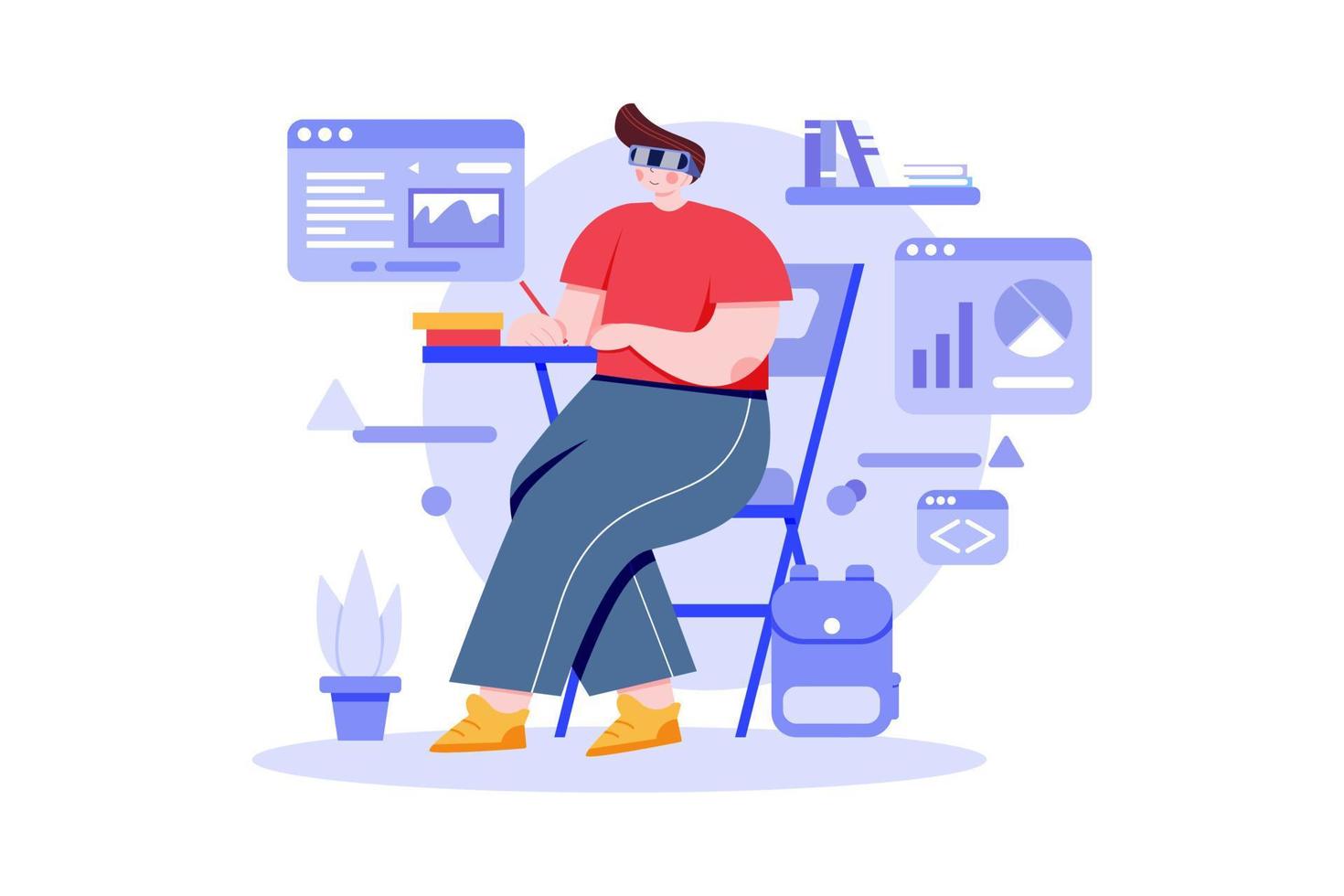 Boy Studying Using VR Tech vector