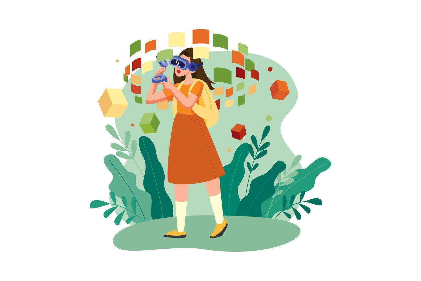 Girl enjoying study using VR tech vector