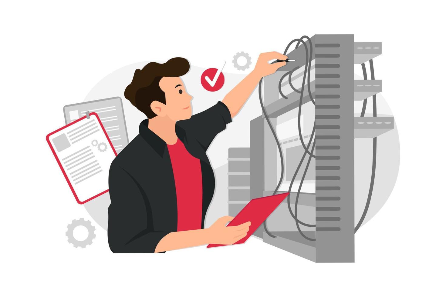 Engineer man verifying the optical fiber vector