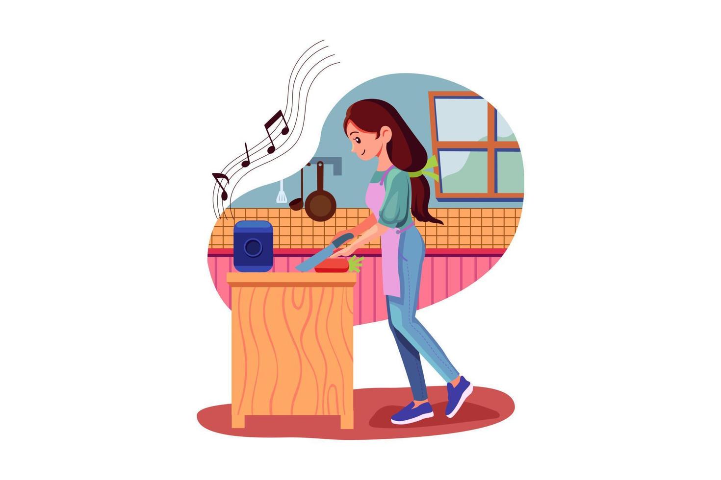 mujer trabajando en la cocina con altavoz inteligente en primer plano vector