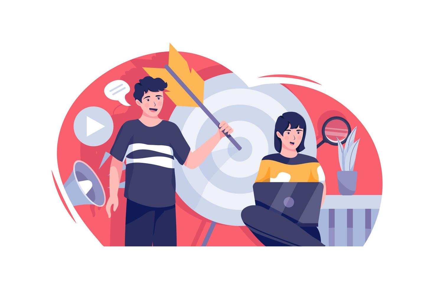 The man is pinning the arrow to the target next to the working woman. vector