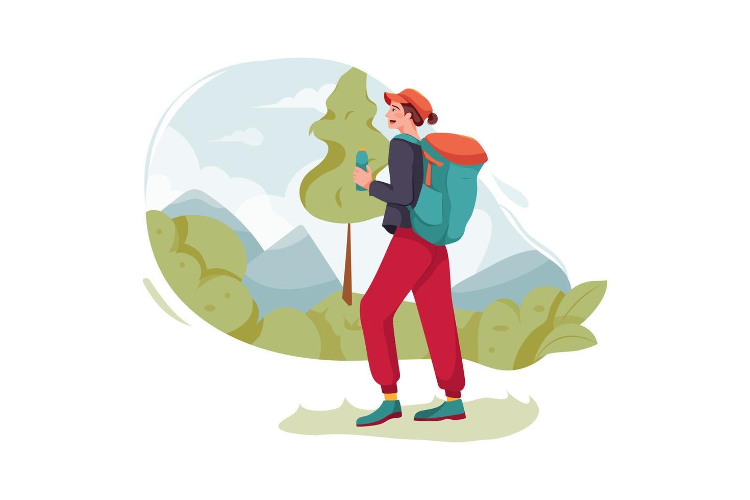 Girl with a backpack going trekking vector