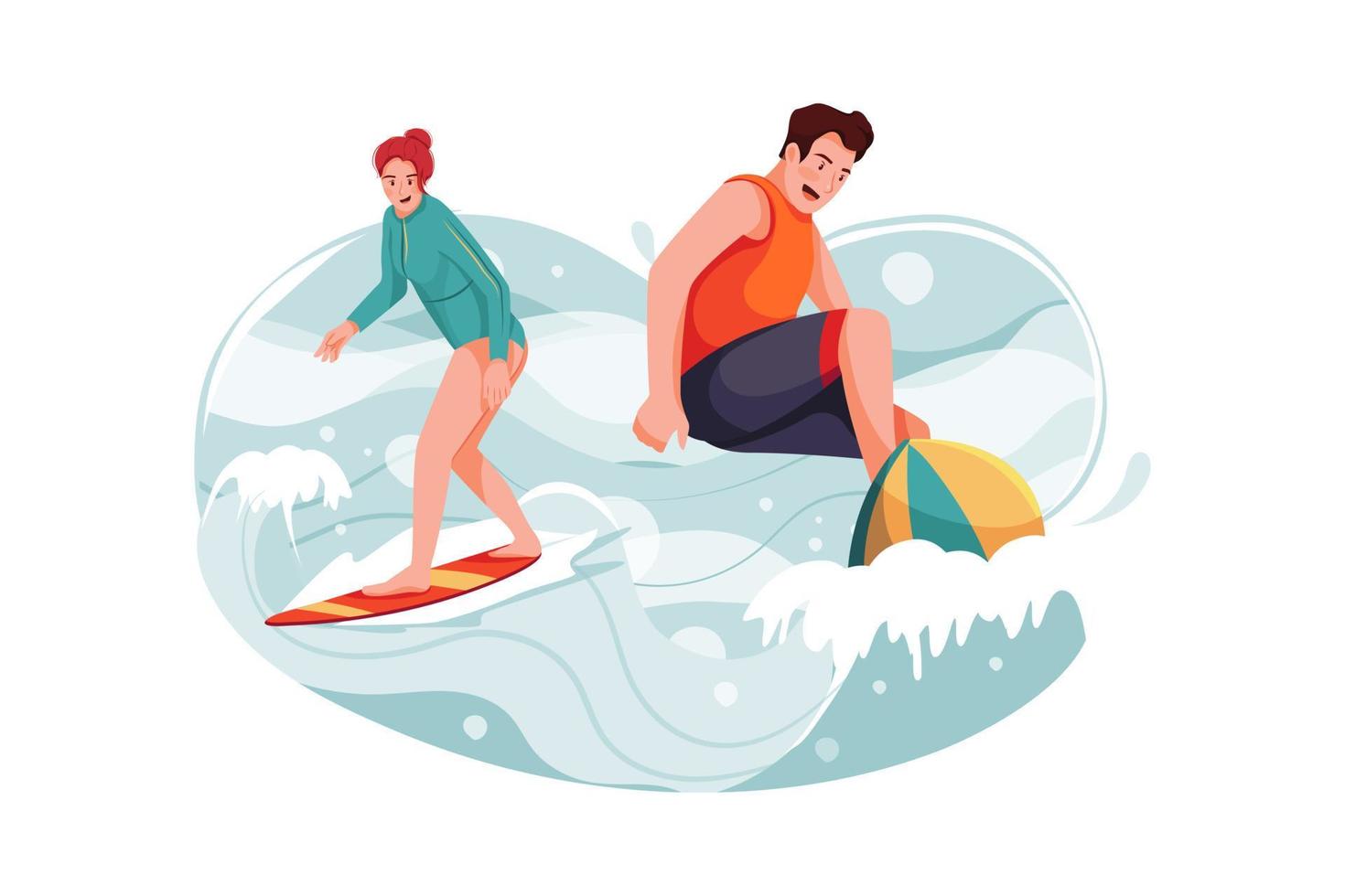 hombre y mujer adultos montando olas en tablas de surf vector