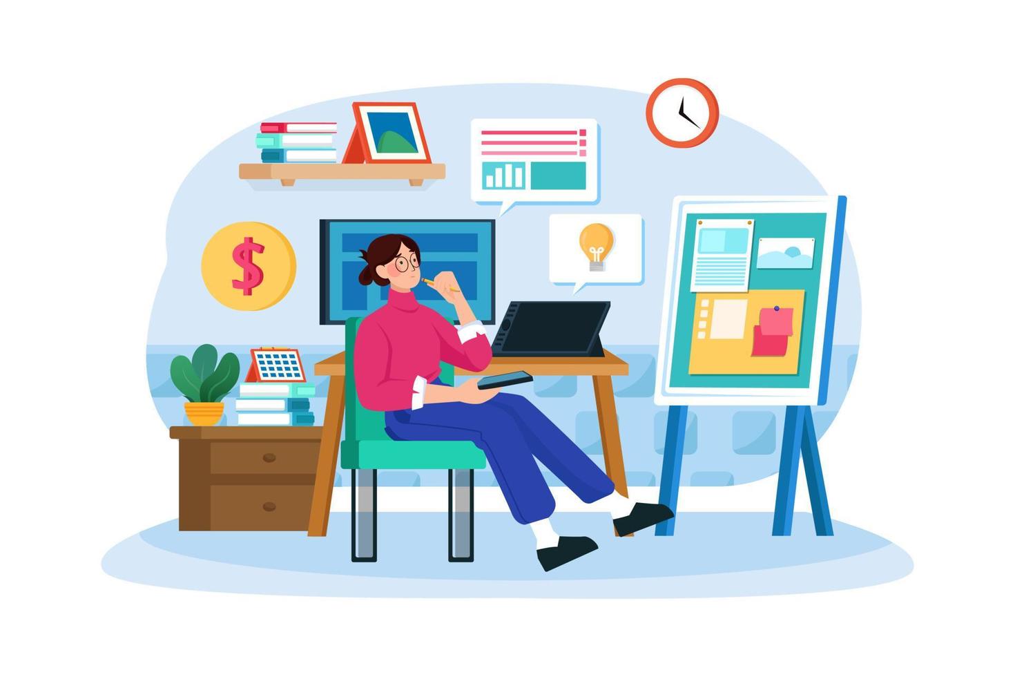 Girl thinking about startup idea vector